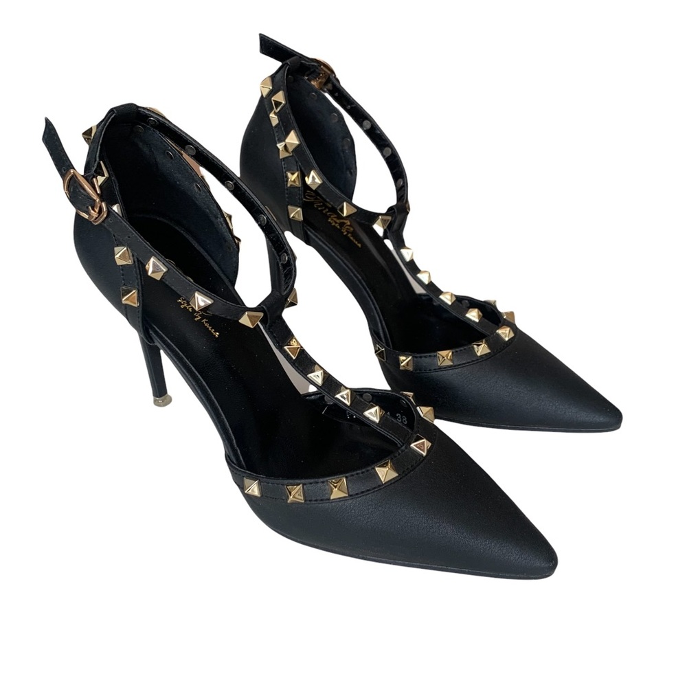 Rock stud Evening shoes low medium sexy heels black 7 7.5